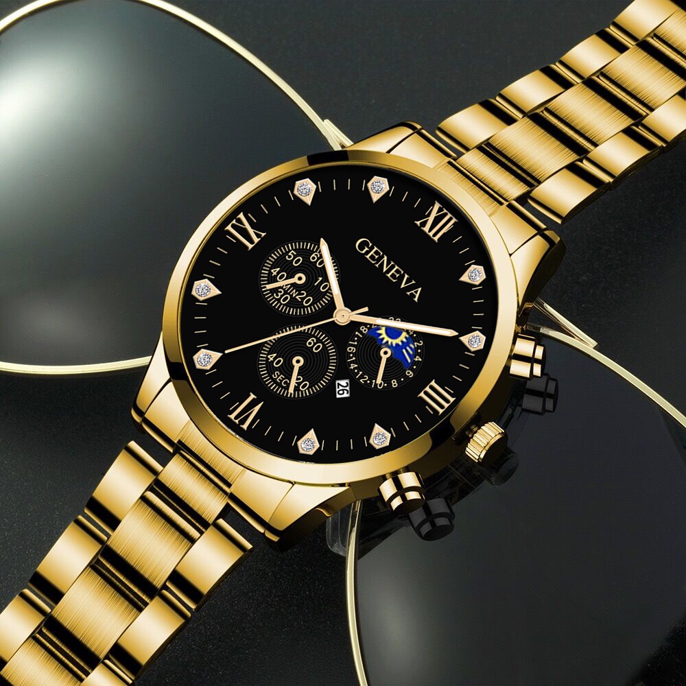 2Pcs/Set Fashion Casual Accessories Business Men Gift Gold Metal Steel Strip Chain Bracelet Quartz Watch Set. 