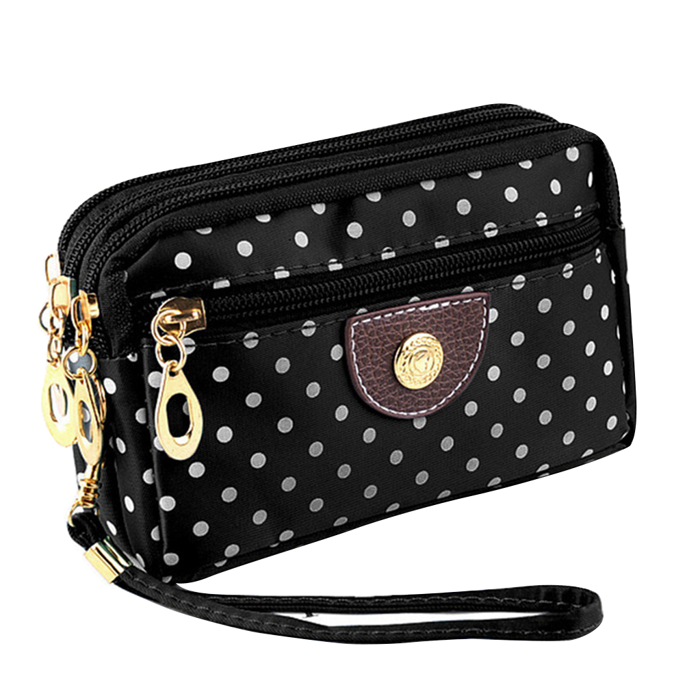 Yfashion women canvas handbag 3 layers zipper dot printing wallet color mobile phone case. 