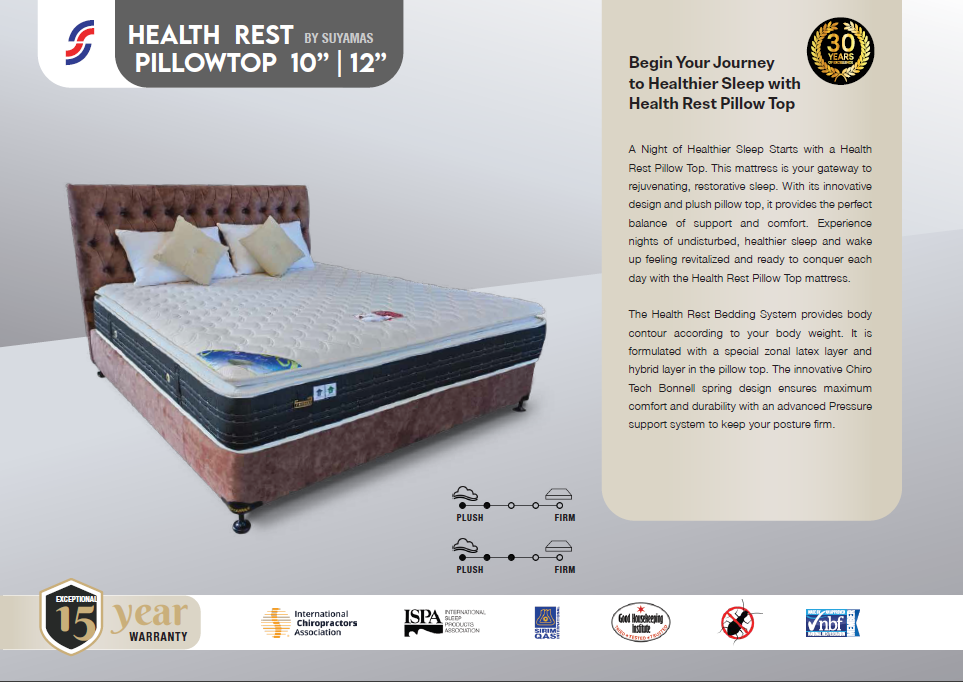 Suyamas Health Rest Pillow Top 10" - King Size Spring Mattress (72" x 72" x 10"). 