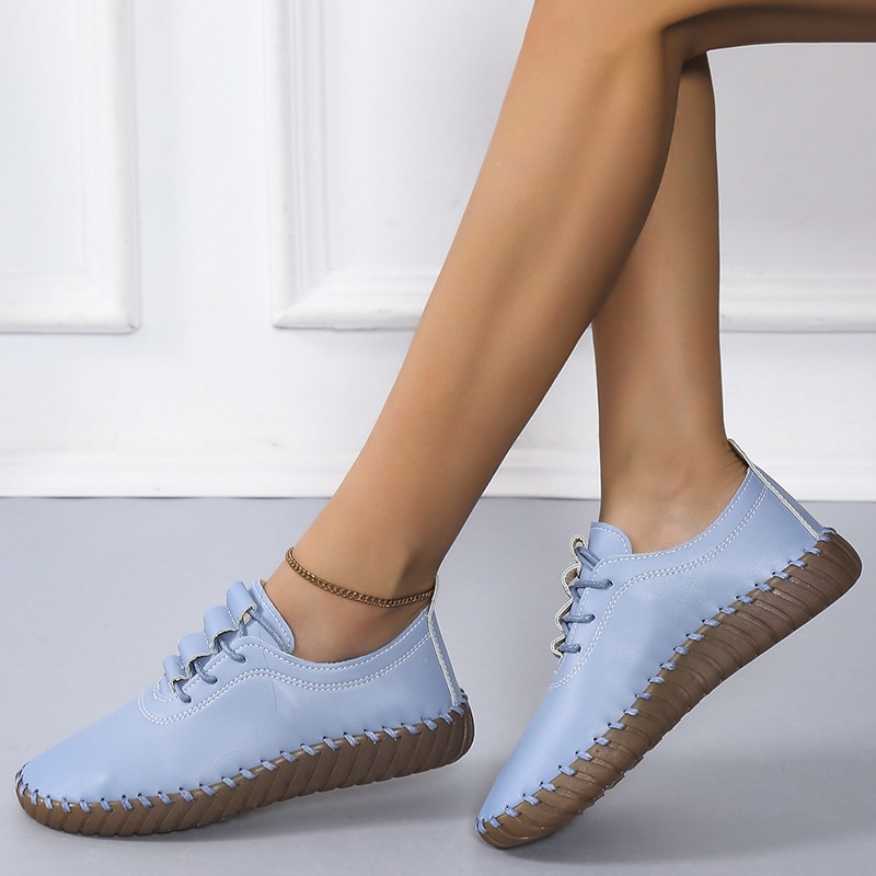 【ALLGOOD】Spring Women Flat Shoes  Handmade Sewing   Cow-muscle Soft Bottom Daily  Up Women Casual Shoes. 