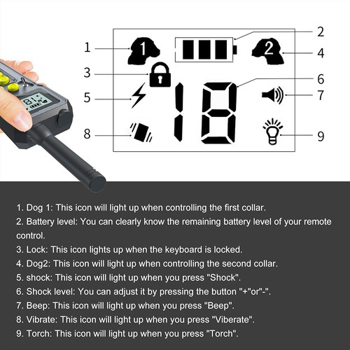 T10 Electric Dog Training Device Collar Wireless Remote Control LCD Display Waterproof USB Rechargeable with Flashlight - Black. 