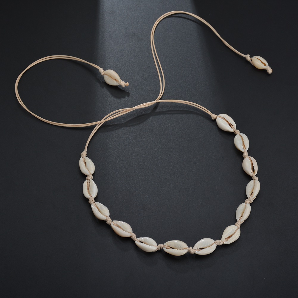 Boho Bohemian Natural Seashell Necklace -Braided Rope Sea Shell Pendant Chain Choker Necklace- Women Beach Jewelry. 
