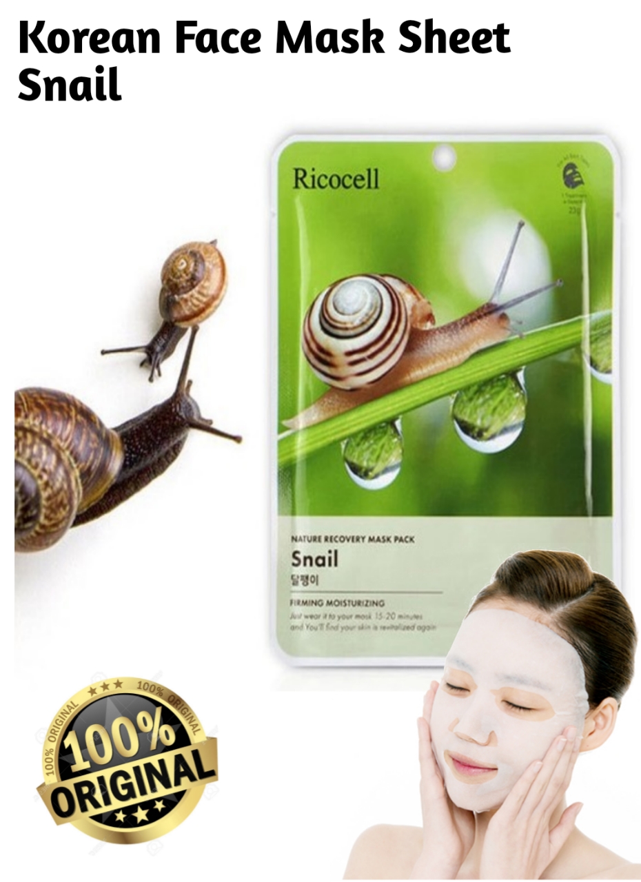 Ricocell Korean Facial Mask Sheet 1Pcs Snail Moisture Essence Face Mask Sheet Skin Care Korean Face Mask Sheet For Women & Men. 