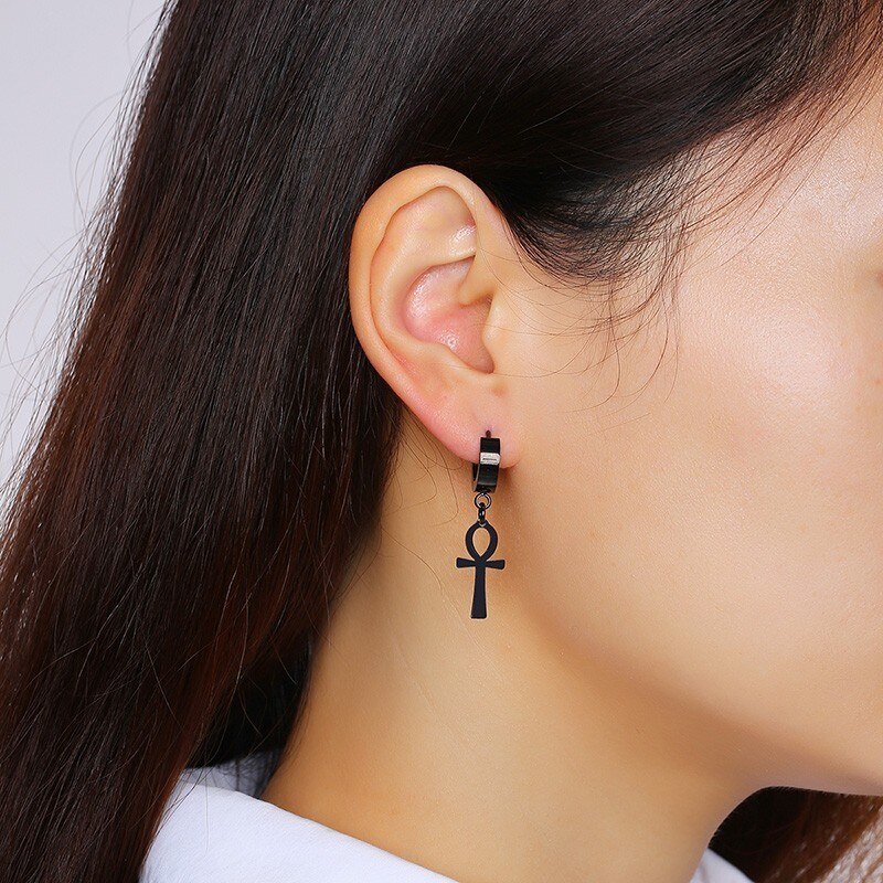 Vintage Cross Egypt Ankh Earrings for Men Jewelry Black Silver and Gold Tone Stainless Steel Egyptian brincos. 