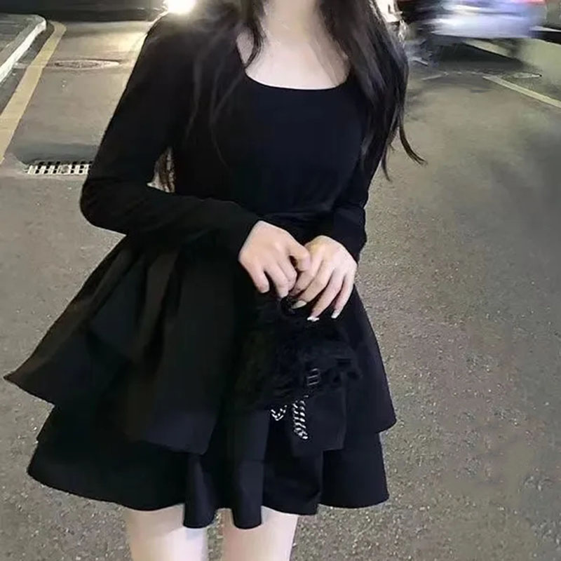 Korean Style Long Sleeve Drees Women Autumn Patchwork Square Collar Black Puffy Dresses Woman Fashion Prom Bow Black Mini Dress. 
