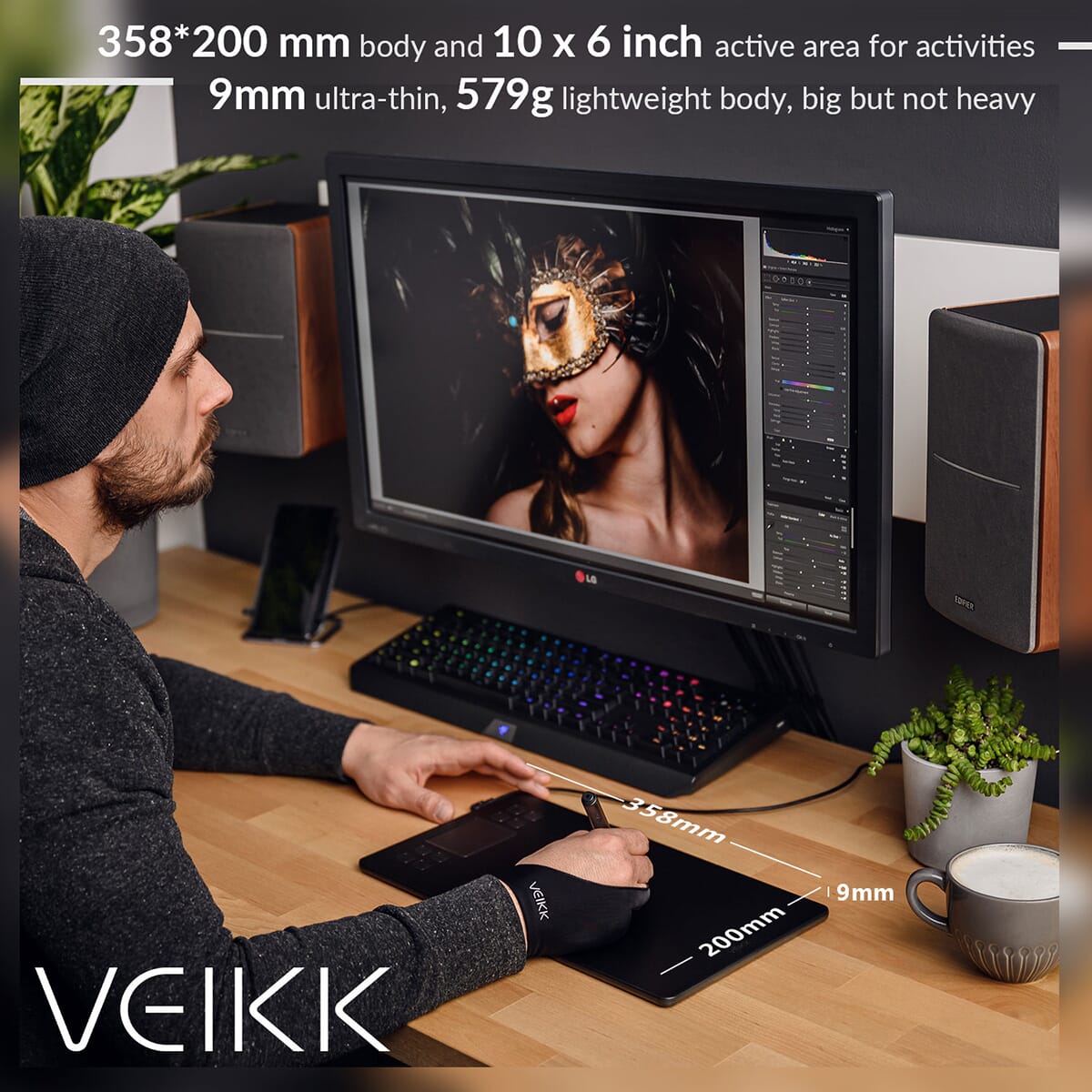VEIKK A50 Graphic Drawing Tablet for Digital Art 290 PPS Full Panel Design 10 x 6 inch Drawing Pad Large Working area with 8192 Levels Pressure Sensitivity Battery-Free Passive Pen 8 Hotkeys&Touch Pad. 