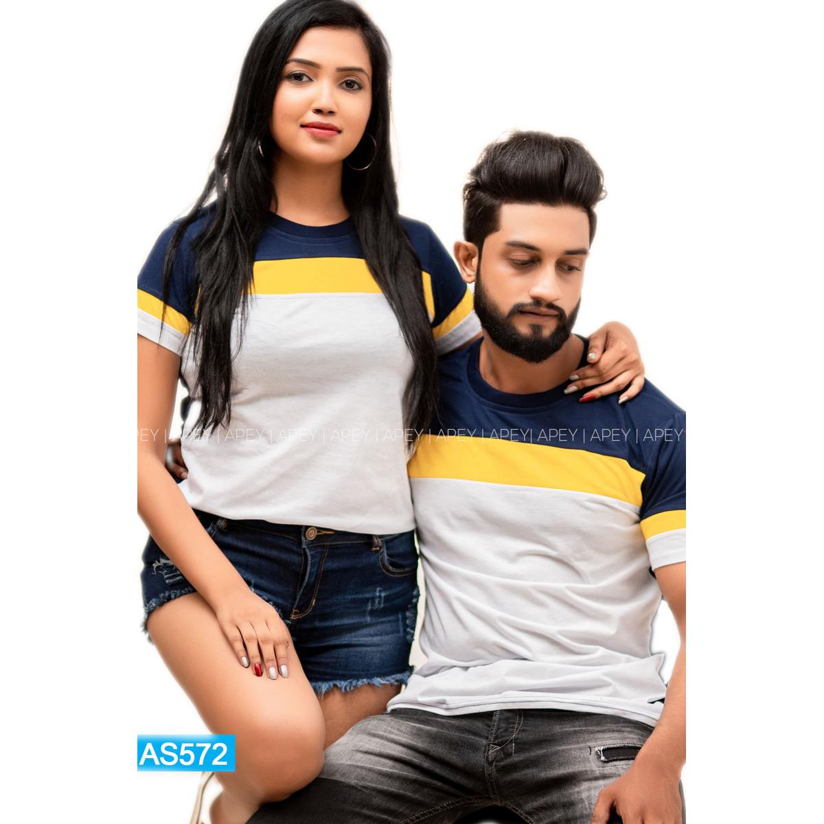 White Navy Blue Yellow Color Lined Couple T Shirt | AS572