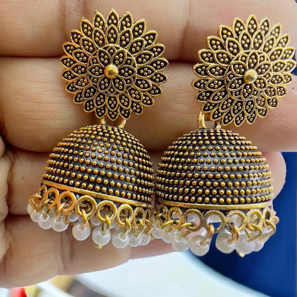 ESH Black gold flower theme Fashion Bollywood Traditional Indian beautiful jimmiki earring with white pearl beaded for women and girl. 