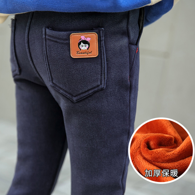 Girls' Winter Leggings Fleece-Lined Thickened Winter Wear Trousers Children's Wear Imitation Denim Pencil Warm Pants. 