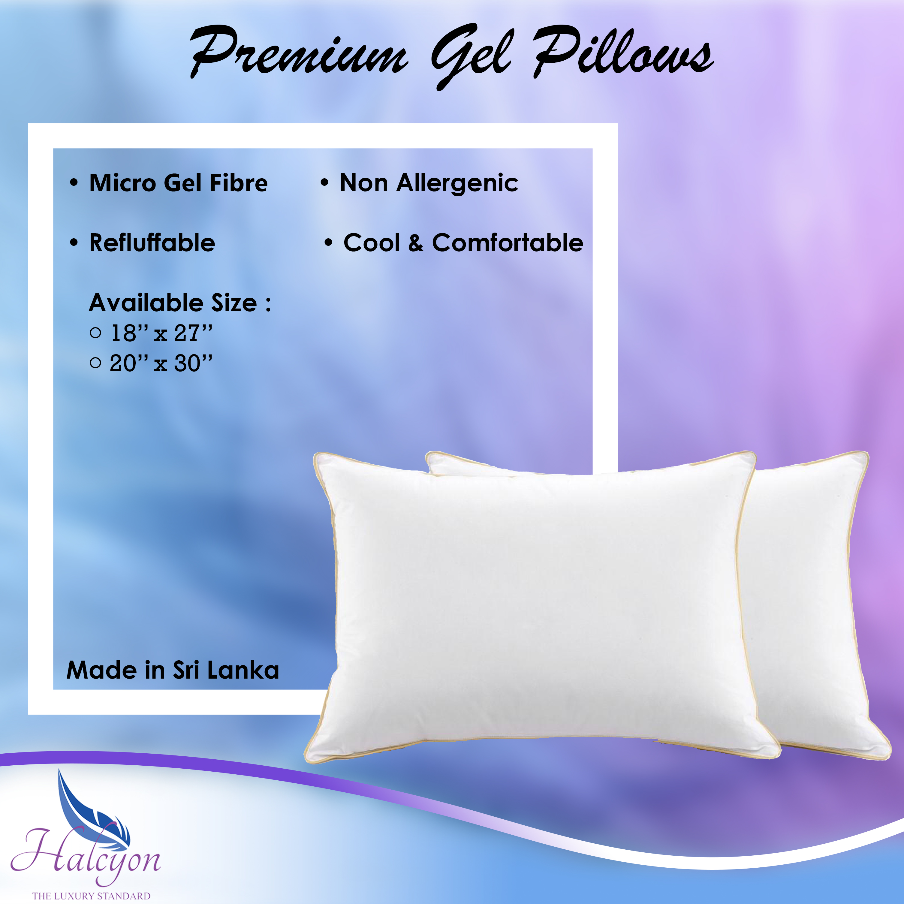 Halcyon Premium Gel Pillow - Micro Gel Fiber (18"x27"). 