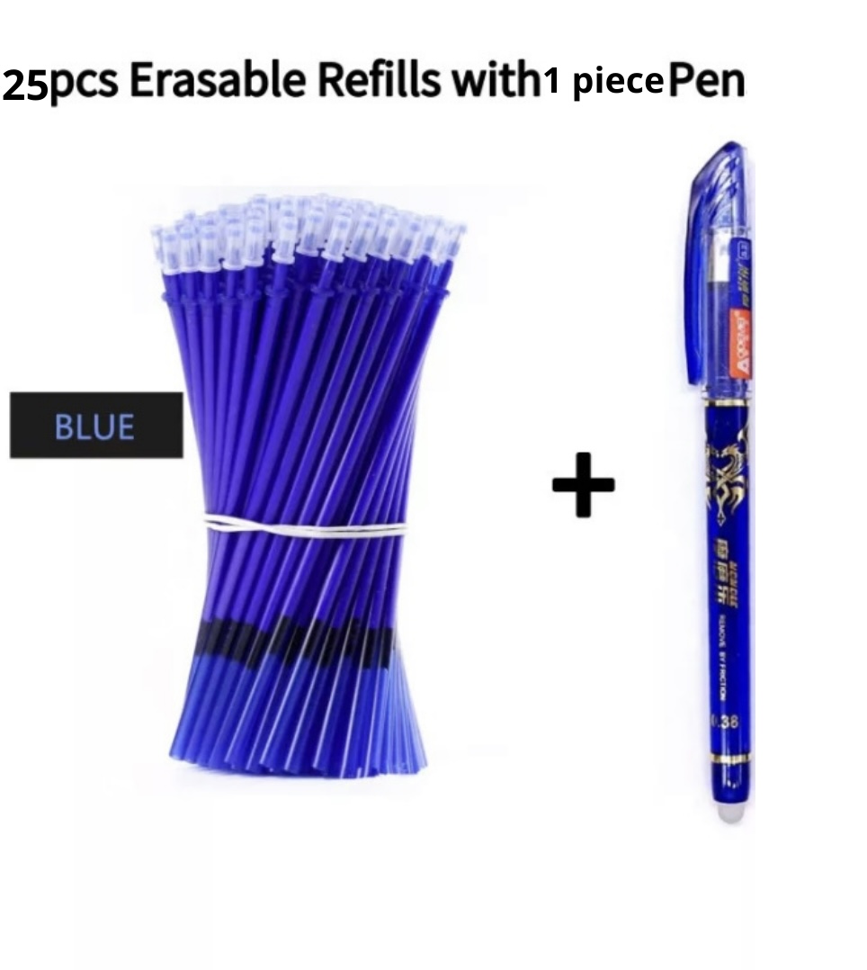 1+25Pcs/Set 0.5mm Black and blue Ink Gel Pen Erasable Refill Rod