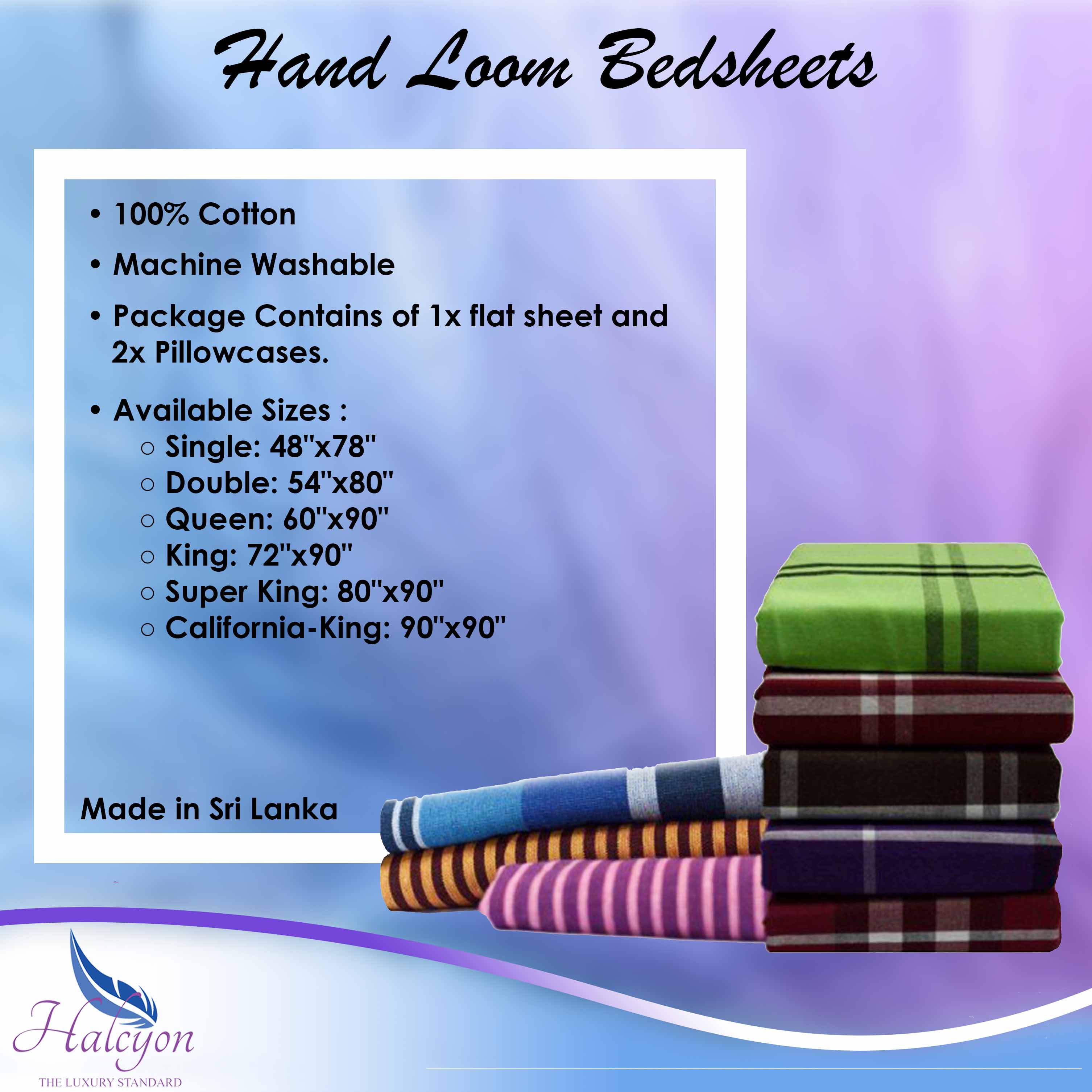 Halcyon 100% Cotton Handloom Bed Sheets With Pillow Case Pack (160 - 180GSM) - Single (48"x78"). 